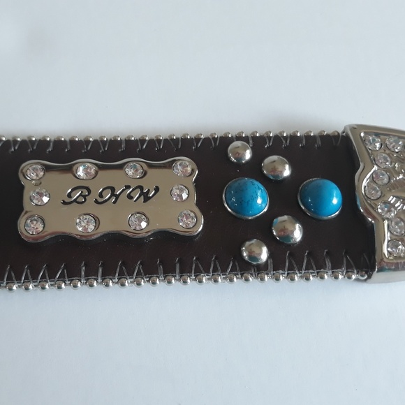 BHW dark brown genuine leather western bling belt - Picture 6 of 8